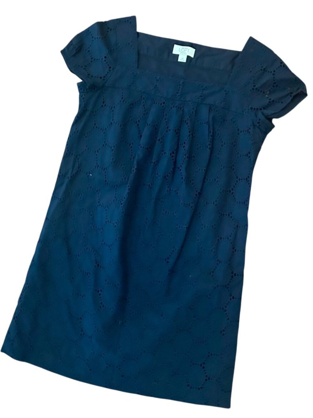 LOFT Ann Taylor Navy Eyelet Cap Sleeve Square Neck Dressn Size 4P Petite in exce - Picture 13 of 13